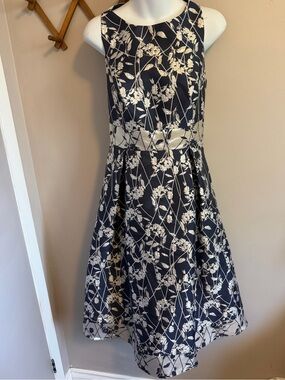 Adrianna Papell Navy and Silver Floral Jacquard Midi Dress - Size 12